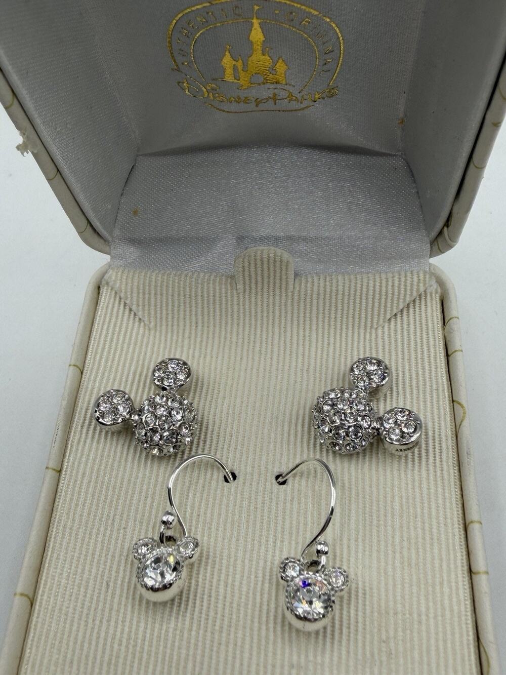 Disney Mickey Mouse Crystal Stud Earrings & Dangle Earrings Two Pairs in Box